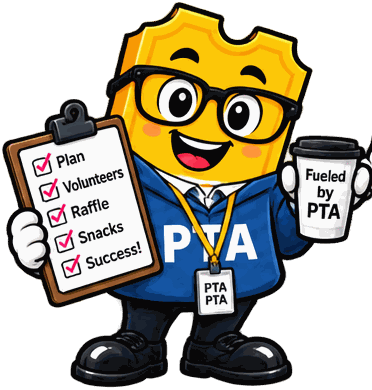The SimplyRaffle ticket mascot as a PTA volunteer in a lanyard, holding a checklist reading Plan, Volunteers, Raffle, Snacks, Success and a coffee cup
