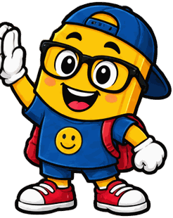 The SimplyRaffle ticket mascot as a school kid in a backpack and backwards cap, waving