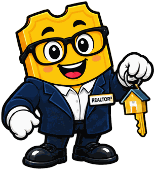 The SimplyRaffle ticket mascot in a realtor blazer and name badge, dangling a house-shaped keyring