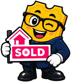 The SimplyRaffle ticket mascot winking and holding up a pink and white SOLD yard sign