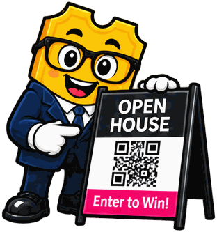The SimplyRaffle ticket mascot in a suit pointing at an Open House A-frame sign with a QR code and an Enter to Win banner