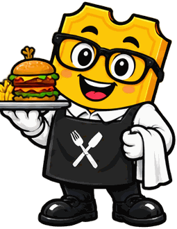 The SimplyRaffle ticket mascot as a server in an apron, carrying a tray with a burger and fries and a towel over one arm