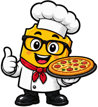 The SimplyRaffle ticket mascot as a chef in a toque and neckerchief, giving a thumbs up and holding a pizza
