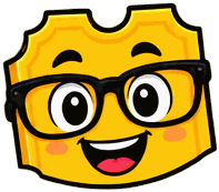The SimplyRaffle ticket mascot in thick black glasses, looking studious