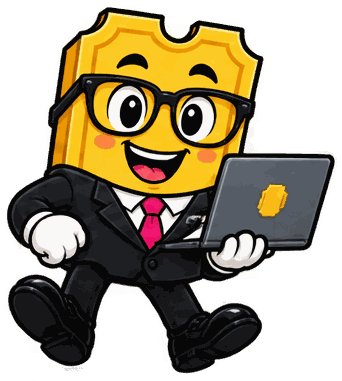 The SimplyRaffle mascot in a suit, walking with an open laptop