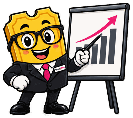 The SimplyRaffle ticket mascot in a suit, pointing at a flip chart with a rising results line