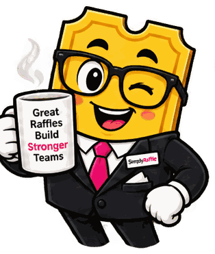 The SimplyRaffle mascot in a suit, holding a mug that reads Great Raffles Build Stronger Teams
