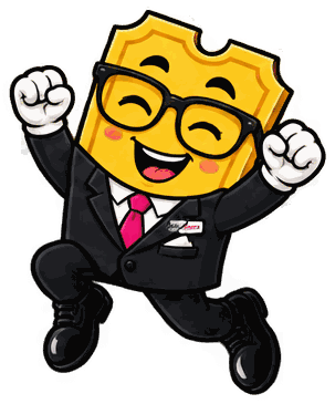The SimplyRaffle mascot in a suit, cheering with both fists in the air